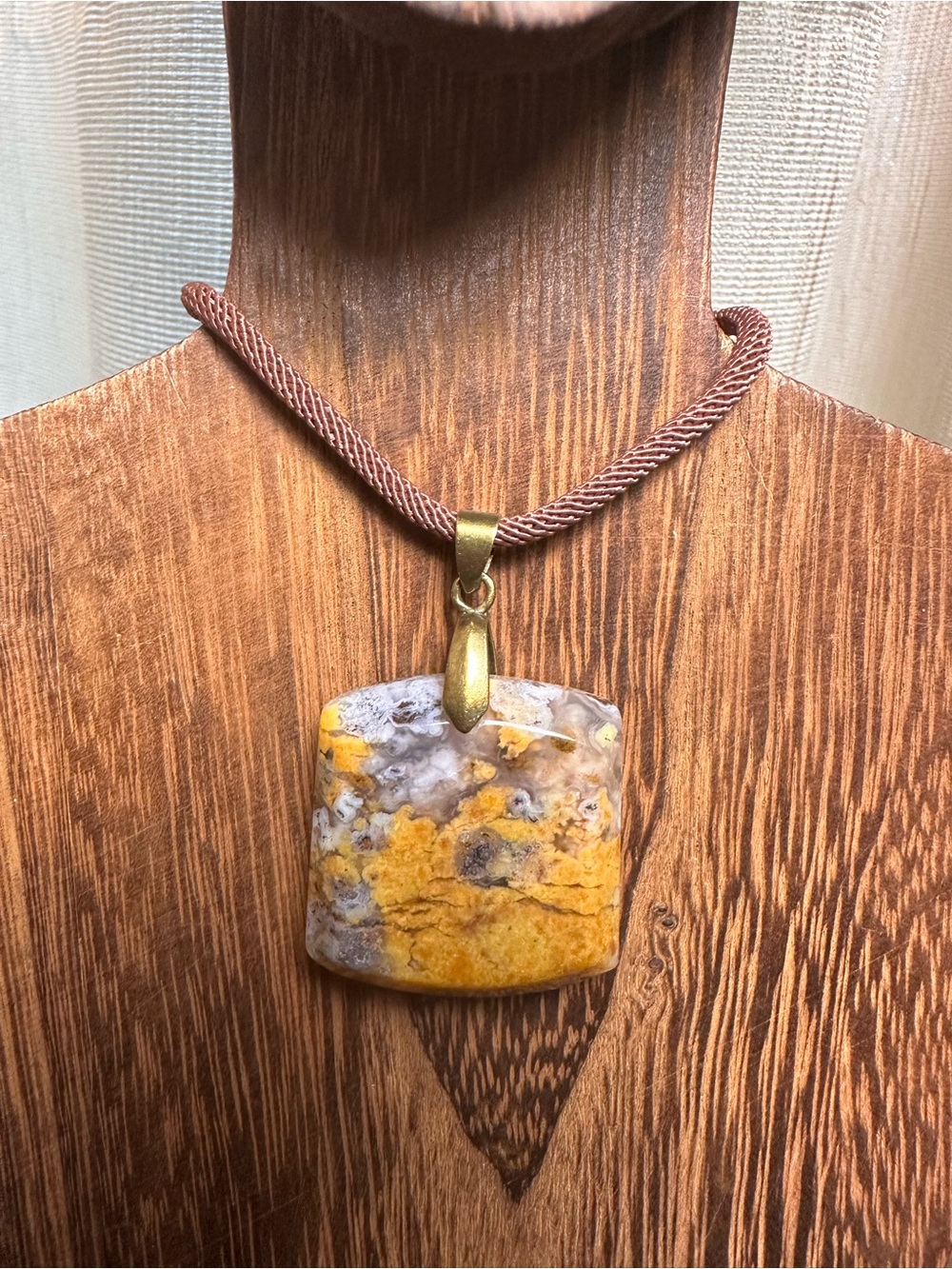Unique Square Yellow Jasper Pendant Necklace on Brown Rope - Picture 6 of 14